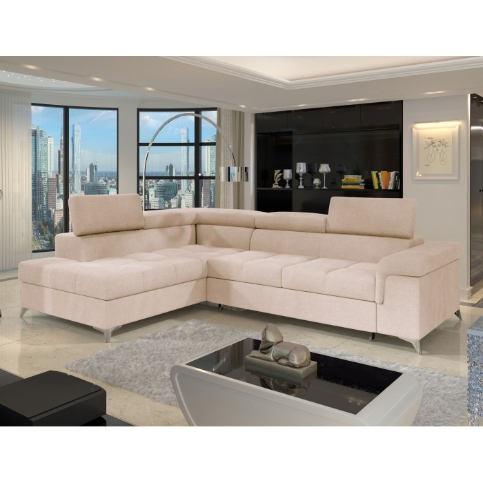 Canapé d’angle convertible PALAZZO 4 places beige – angle gauche avec coffre 