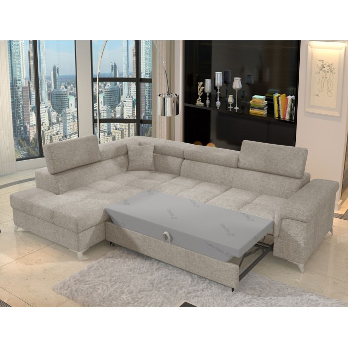 Canapé d’angle convertible PALAZZO 4 places beige – angle gauche avec coffre 