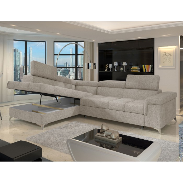 Canapé d’angle convertible PALAZZO 4 places beige – angle gauche avec coffre 