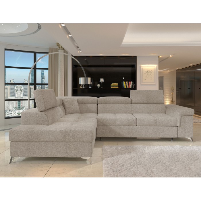 Canapé d’angle convertible PALAZZO 4 places beige – angle gauche avec coffre 