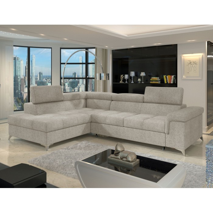 Canapé d’angle convertible PALAZZO 4 places beige – angle gauche avec coffre 