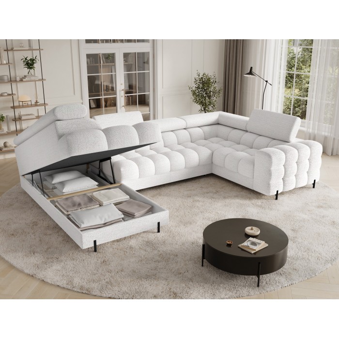 Canapé panoramique convertible FACTORY 3 places blanc – angle gauche avec coffre 