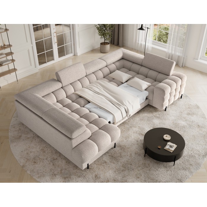 Canapé panoramique convertible FACTORY 3 places beige – angle gauche avec coffre 