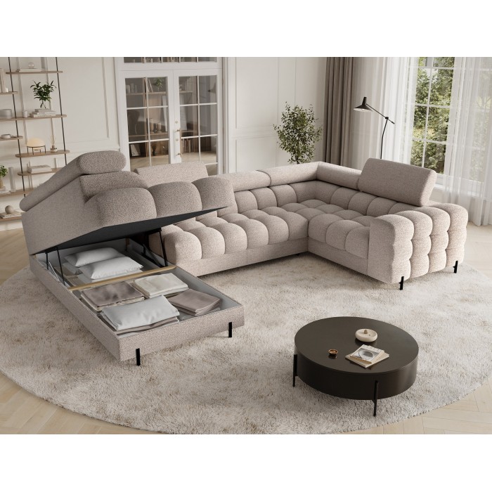 Canapé panoramique convertible FACTORY 3 places beige – angle gauche avec coffre 