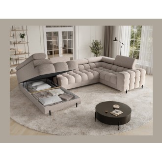 Canapé panoramique convertible FACTORY 3 places beige – angle gauche avec coffre 