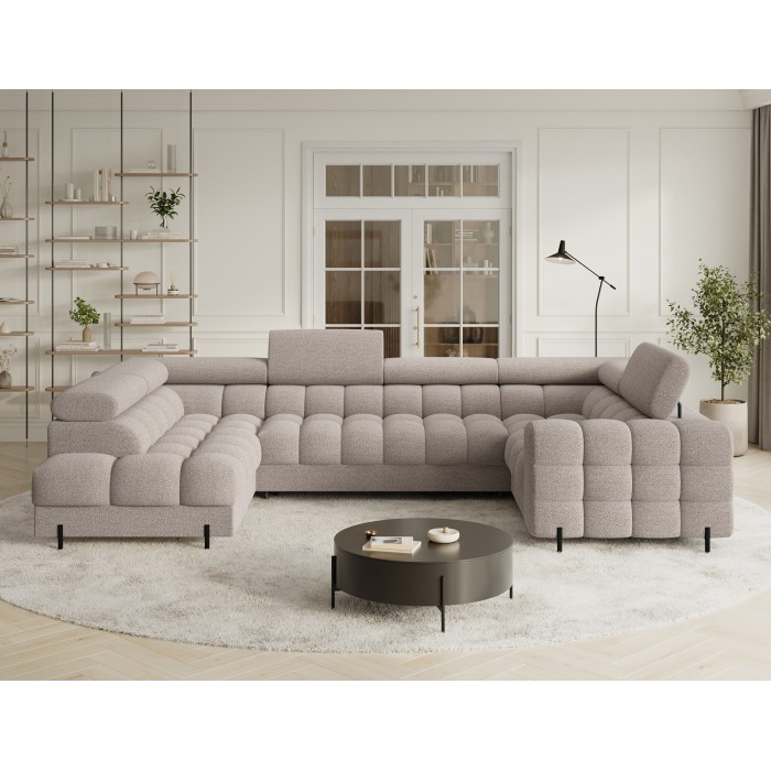 Canapé panoramique convertible FACTORY 3 places beige – angle gauche avec coffre 