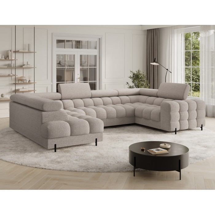 Canapé panoramique convertible FACTORY 3 places beige – angle gauche avec coffre 