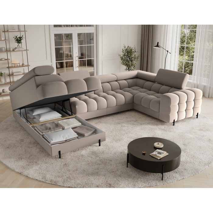 Canapé panoramique convertible FACTORY 3 places beige – angle gauche avec coffre – version 2 