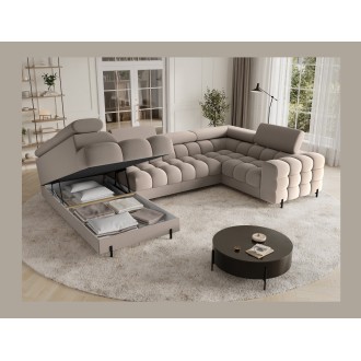 Canapé panoramique convertible FACTORY 3 places beige – angle gauche avec coffre – version 2 