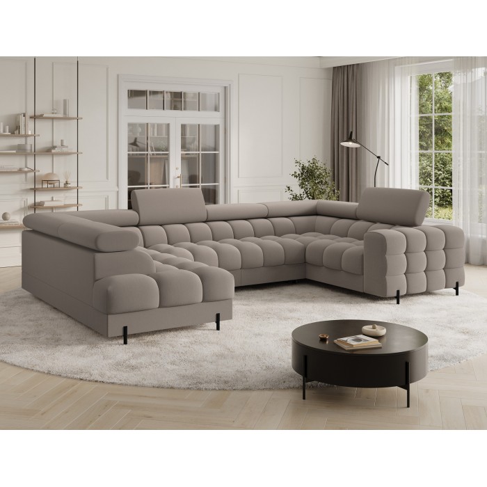 Canapé panoramique convertible FACTORY 3 places beige – angle gauche avec coffre – version 2 