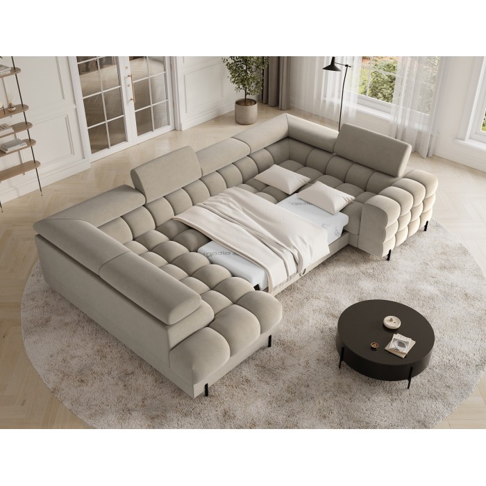 Canapé panoramique convertible FACTORY 3 places beige – angle gauche avec coffre – version 3 
