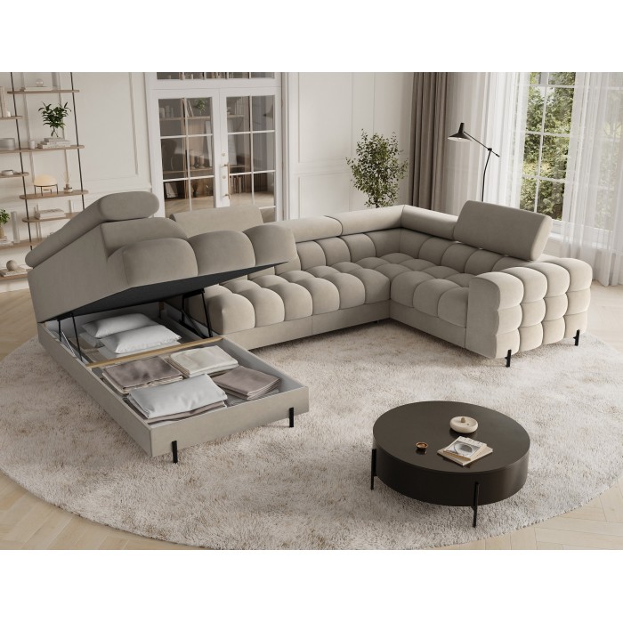 Canapé panoramique convertible FACTORY 3 places beige – angle gauche avec coffre – version 3 