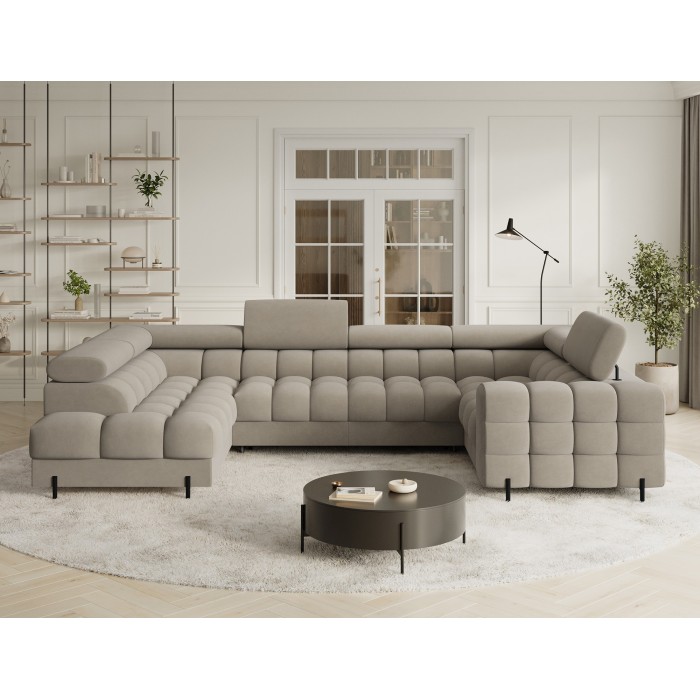 Canapé panoramique convertible FACTORY 3 places beige – angle gauche avec coffre – version 3 