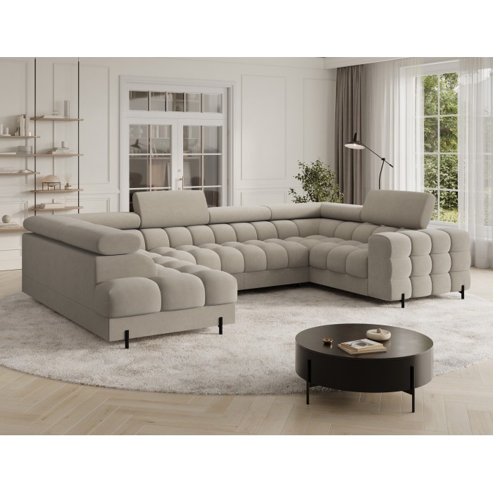 Canapé panoramique convertible FACTORY 3 places beige – angle gauche avec coffre – version 3 