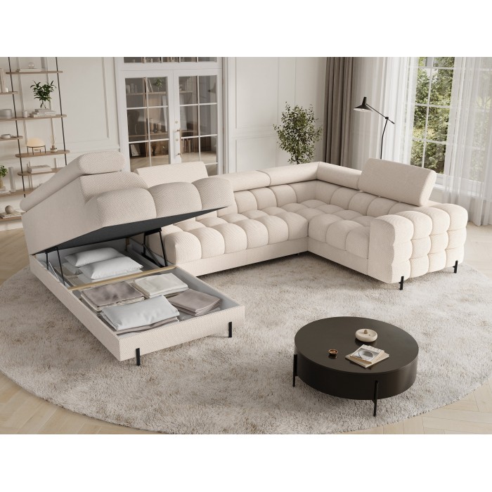 Canapé panoramique convertible FACTORY 3 places beige – angle gauche avec coffre – version 4 