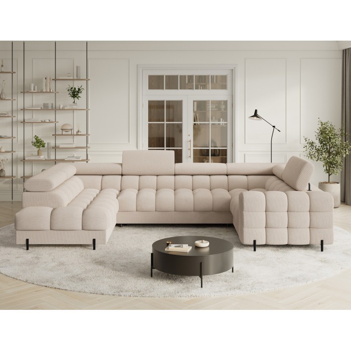 Canapé panoramique convertible FACTORY 3 places beige – angle gauche avec coffre – version 4 