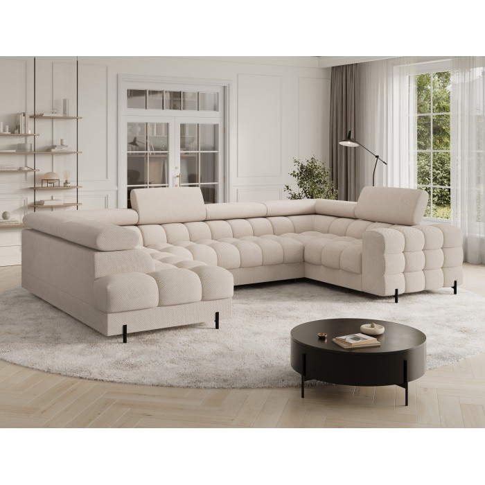 Canapé panoramique convertible FACTORY 3 places beige – angle gauche avec coffre – version 4 