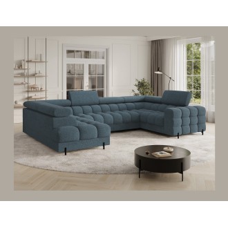 Canapé panoramique convertible FACTORY 3 places bleu chiné – angle gauche avec coffre 