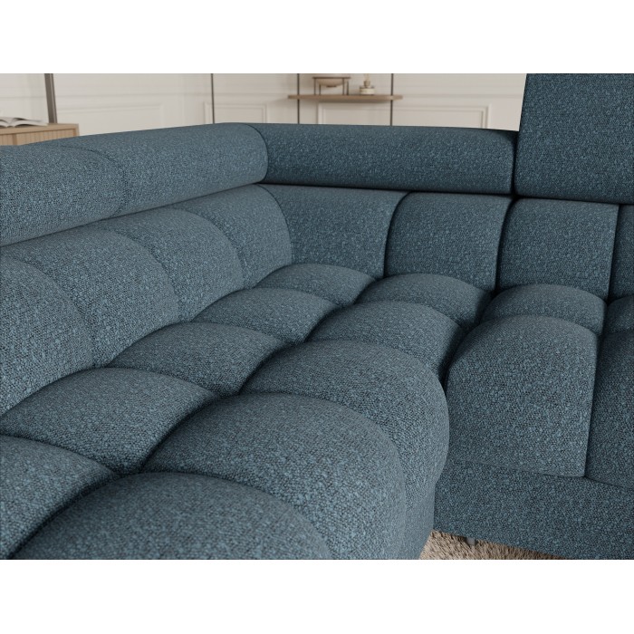 Canapé panoramique convertible FACTORY 3 places bleu chiné – angle gauche avec coffre 