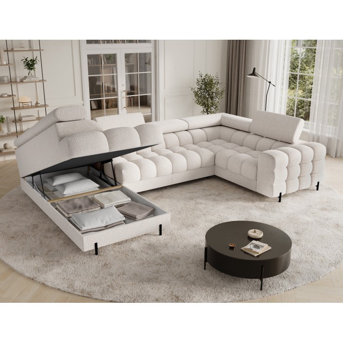 Canapé panoramique convertible FACTORY 3 places beige – angle gauche avec coffre – version 5 