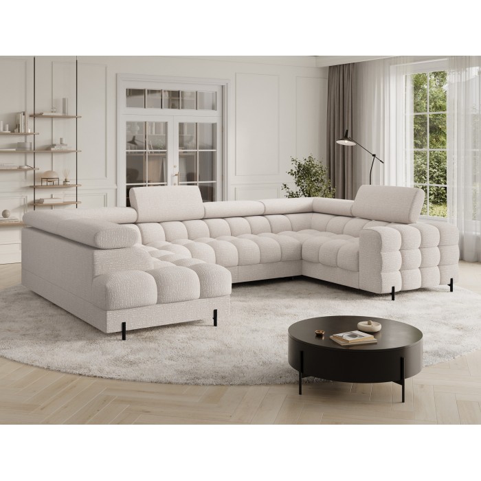 Canapé panoramique convertible FACTORY 3 places beige – angle gauche avec coffre – version 5 