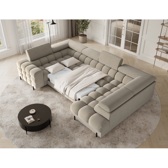 Canapé panoramique convertible FACTORY 3 places beige – angle droit avec coffre 