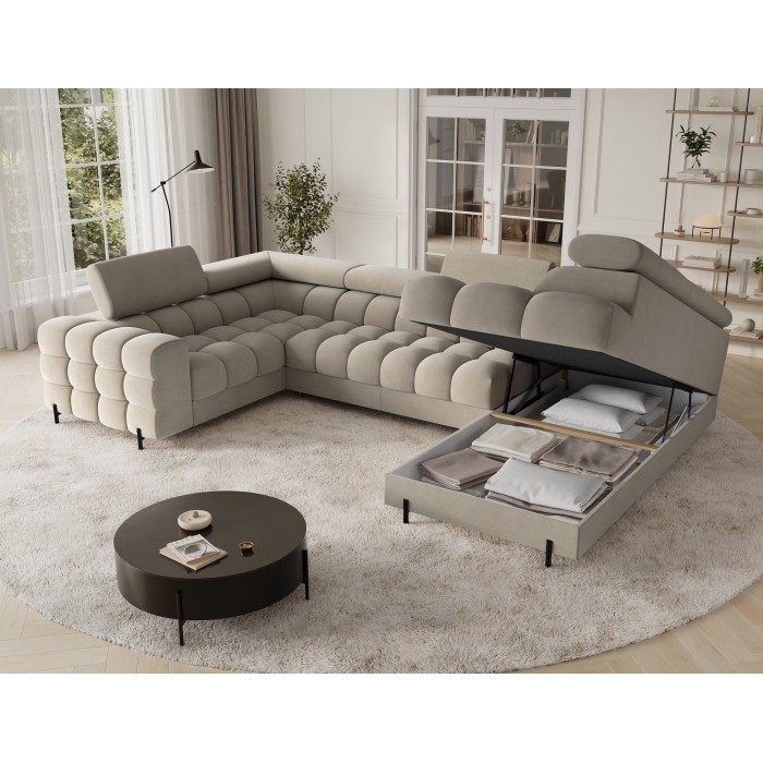 Canapé panoramique convertible FACTORY 3 places beige – angle droit avec coffre 