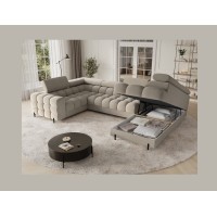 Canapé panoramique convertible FACTORY 3 places beige – angle droit avec coffre 