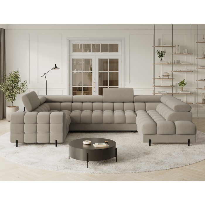Canapé panoramique convertible FACTORY 3 places beige – angle droit avec coffre 