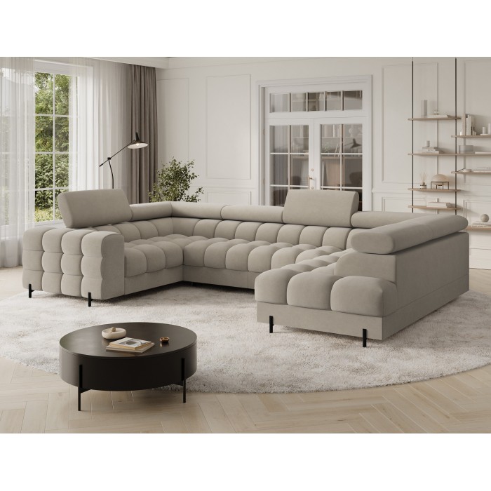 Canapé panoramique convertible FACTORY 3 places beige – angle droit avec coffre 
