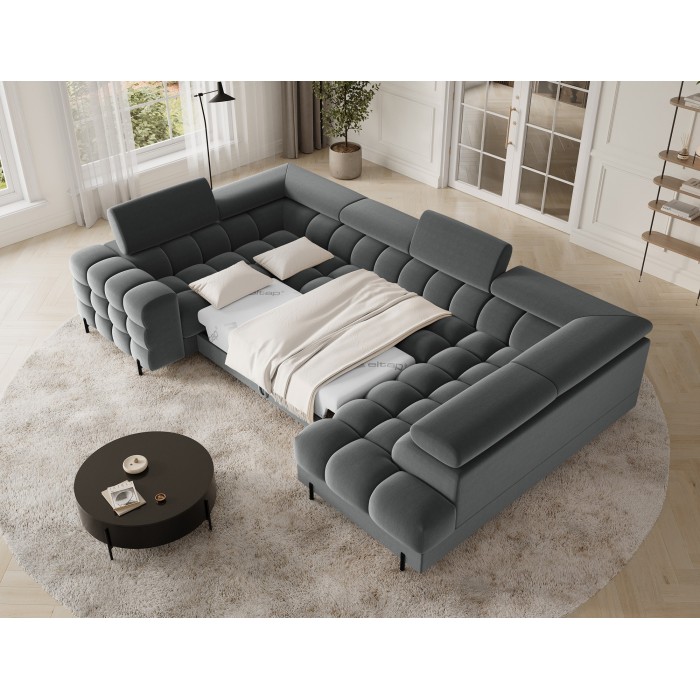Canapé panoramique convertible FACTORY 3 places gris – angle droit avec coffre 