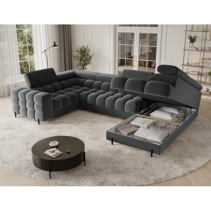 Canapé panoramique convertible FACTORY 3 places gris – angle droit avec coffre 