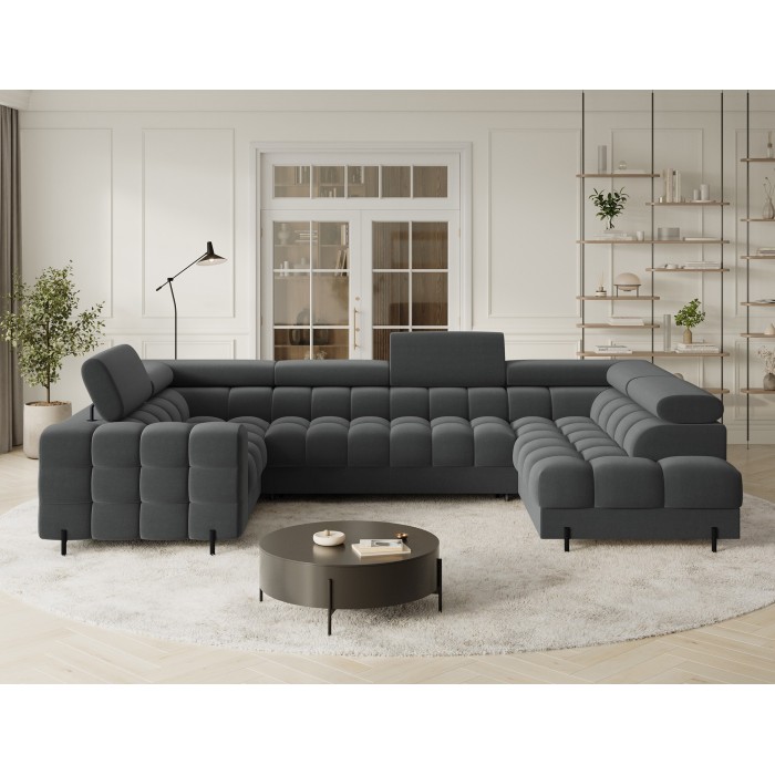 Canapé panoramique convertible FACTORY 3 places gris – angle droit avec coffre 