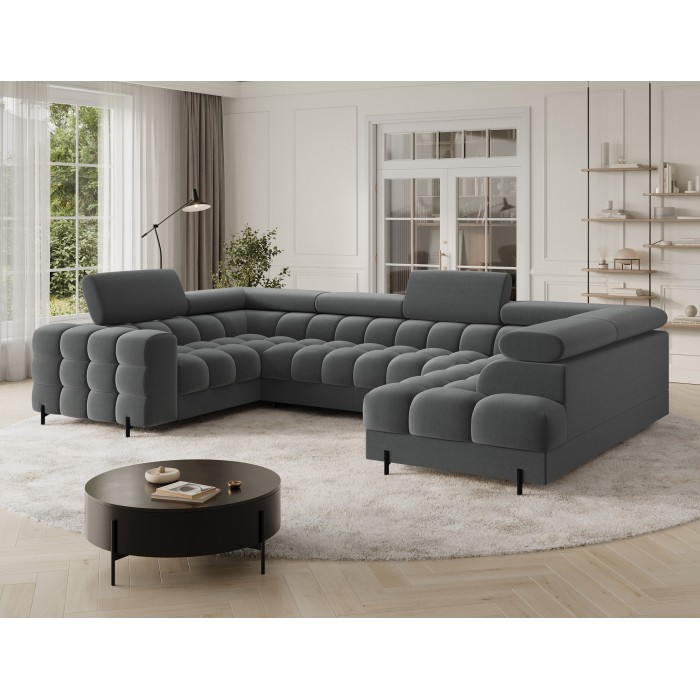 Canapé panoramique convertible FACTORY 3 places gris – angle droit avec coffre 