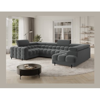 Canapé panoramique convertible FACTORY 3 places gris – angle droit avec coffre 