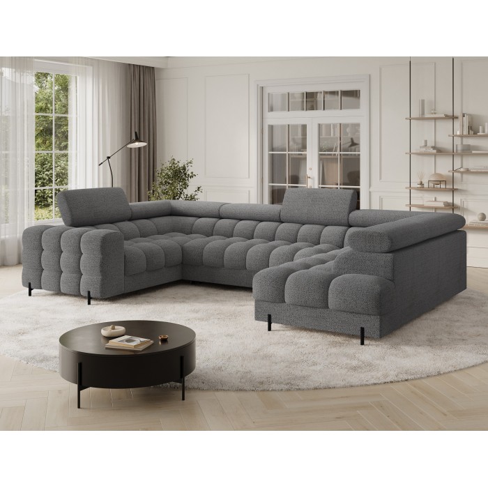 Canapé panoramique convertible FACTORY 3 places gris chiné – angle droit avec coffre 