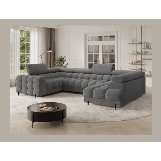Canapé panoramique convertible FACTORY 3 places gris chiné – angle droit avec coffre 