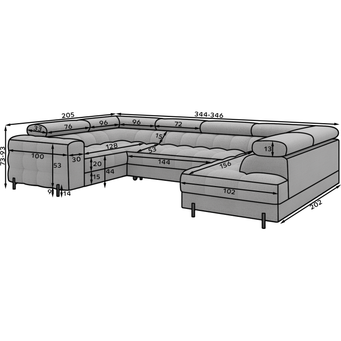 Canapé panoramique convertible FACTORY 3 places gris – angle droit avec coffre – version 2 