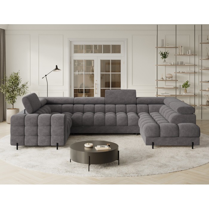 Canapé panoramique convertible FACTORY 3 places gris – angle droit avec coffre – version 2 