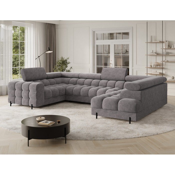 Canapé panoramique convertible FACTORY 3 places gris – angle droit avec coffre – version 2 