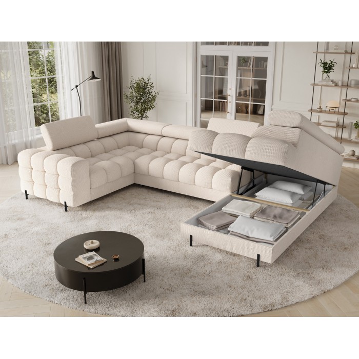 Canapé panoramique convertible FACTORY 3 places beige – angle droit avec coffre – version 2 