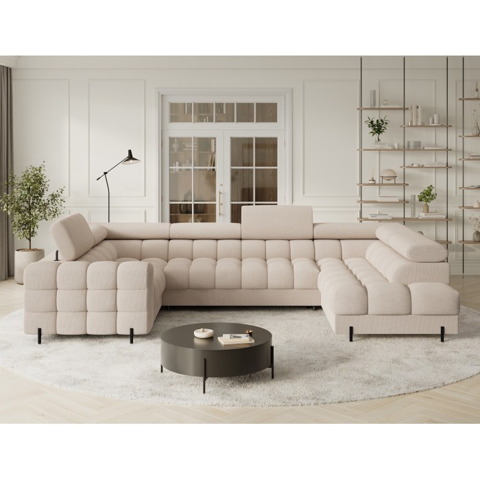 Canapé panoramique convertible FACTORY 3 places beige – angle droit avec coffre – version 2 