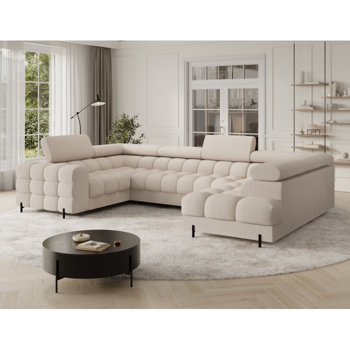 Canapé panoramique convertible FACTORY 3 places beige – angle droit avec coffre – version 2 