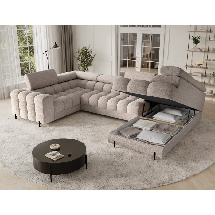 Canapé panoramique convertible FACTORY 3 places beige – angle droit avec coffre – version 3 