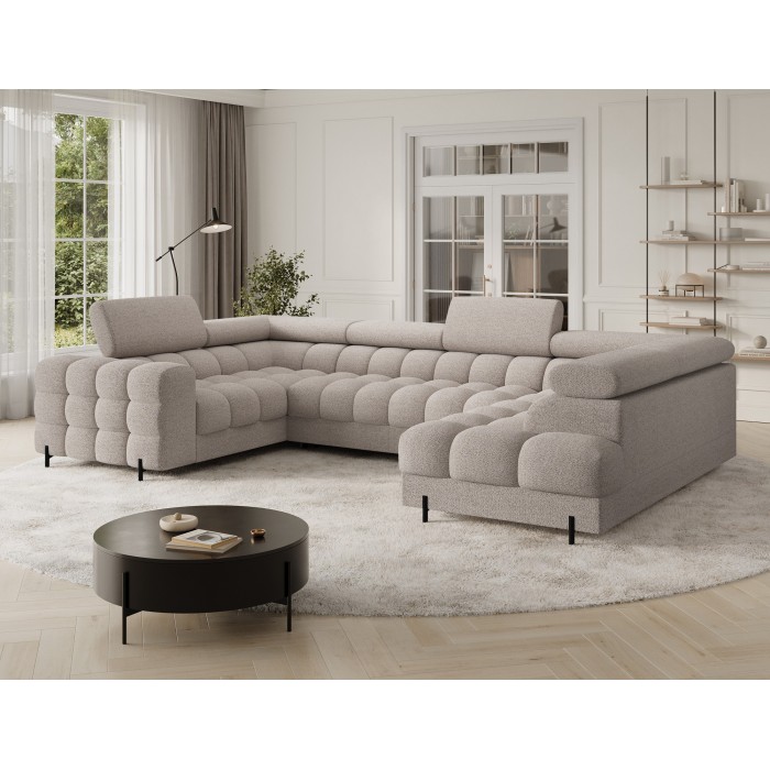 Canapé panoramique convertible FACTORY 3 places beige – angle droit avec coffre – version 3 