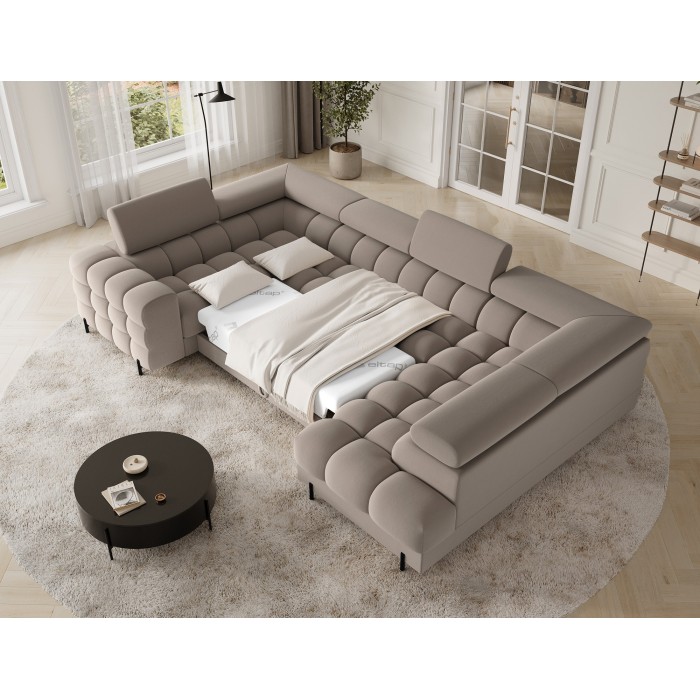 Canapé panoramique convertible FACTORY 3 places beige – angle droit avec coffre – version 4 