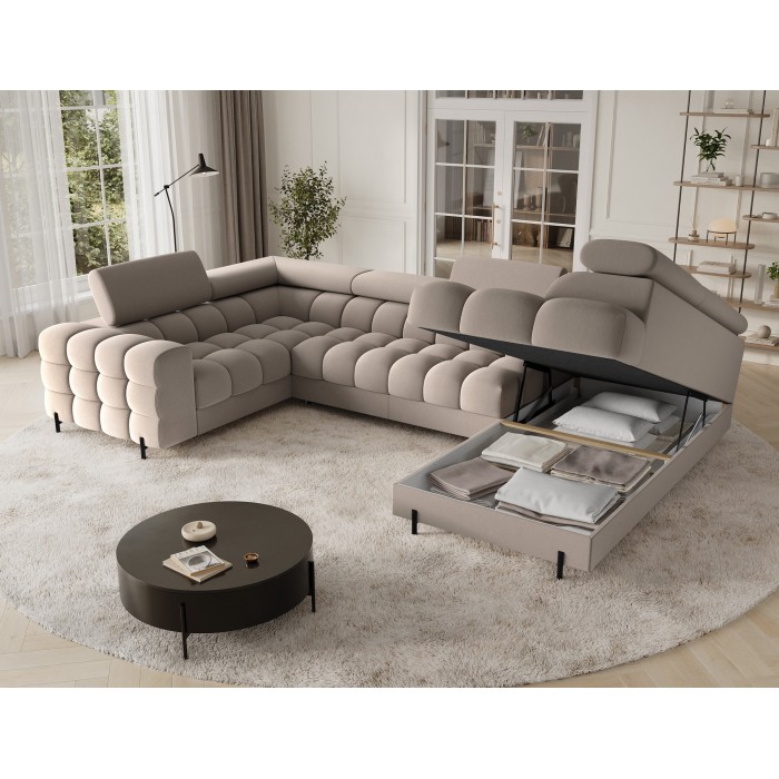 Canapé panoramique convertible FACTORY 3 places beige – angle droit avec coffre – version 4 