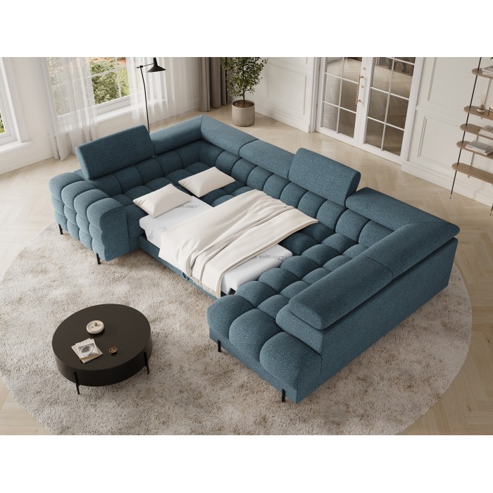 Canapé panoramique convertible FACTORY 3 places bleu – angle droit avec coffre 