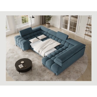 Canapé panoramique convertible FACTORY 3 places bleu – angle droit avec coffre 