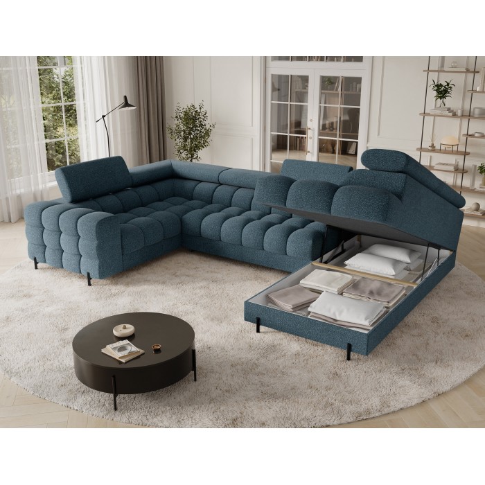 Canapé panoramique convertible FACTORY 3 places bleu – angle droit avec coffre 